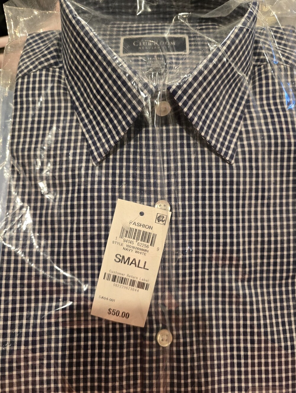 Club Room Men's Regular Fit Dress Shirt Navy White Check NWT